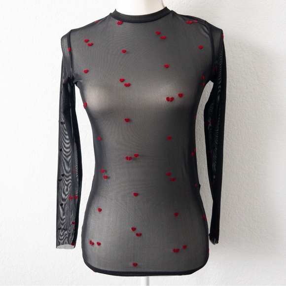 Stradivarius Long Sleeve Stretch Black Mesh Top with Heart Print Size Small - Picture 4 of 9